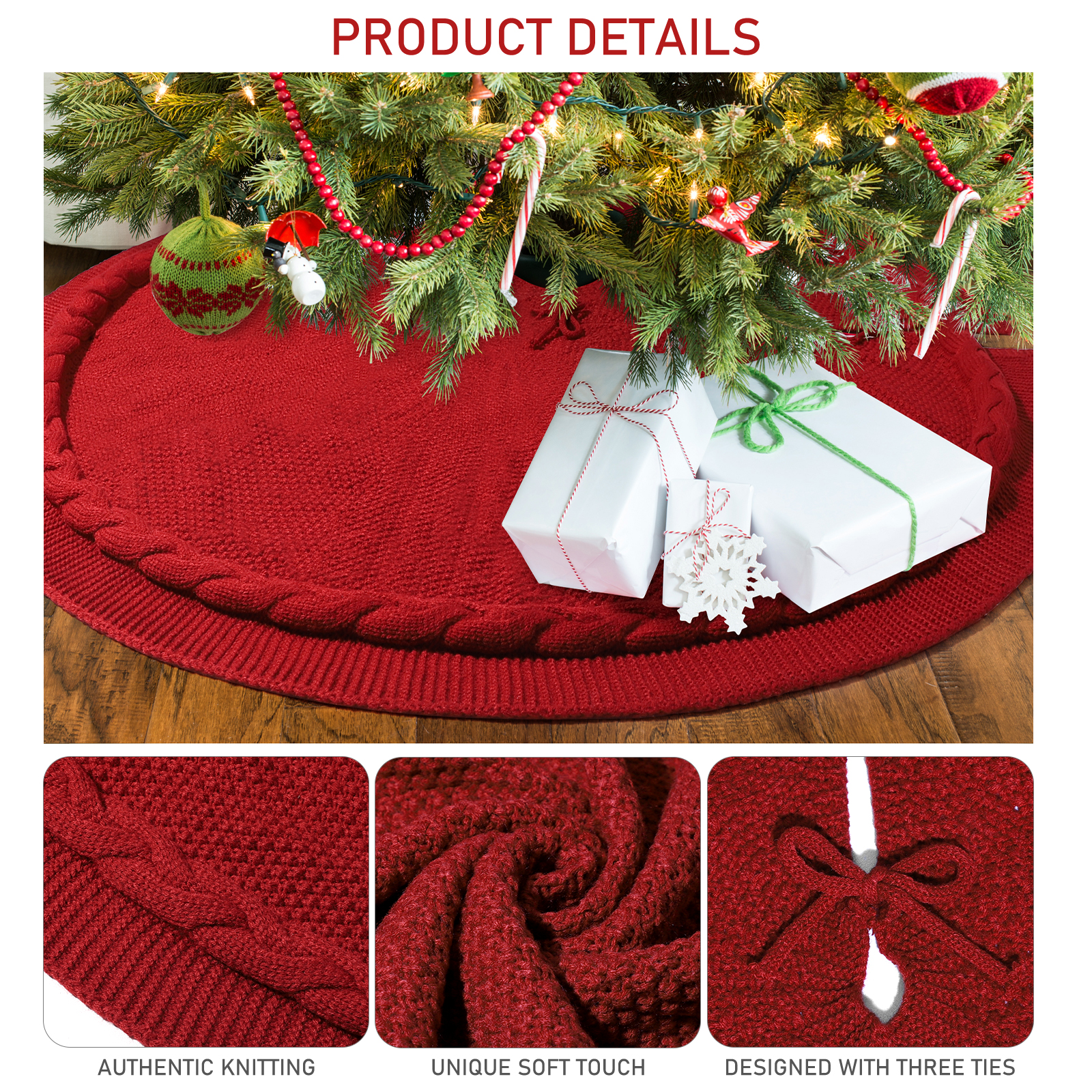 Ayieyill 48-Inch Knitted Christmas Tree Skirt, Red photo 3