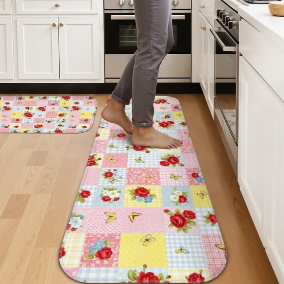 Pioneer Flower Floral Print Pattern Kitchen Mat Set Of 2,Anti-Fatigue Floor Mats, Non-Slip Standing Mats for Kitchen, 47x17 and 30x17 Inches