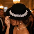 thumbnail image 6 of Vintage Halloween Style Flat Top Wide Brim Hat With Elegant Lace Trim, Soft Felt Fashion Hat, Chic Headwear Accessory For Dinner Party, Photoshoot, Holiday Gathering And Formal Occasions Black, 6 of 8