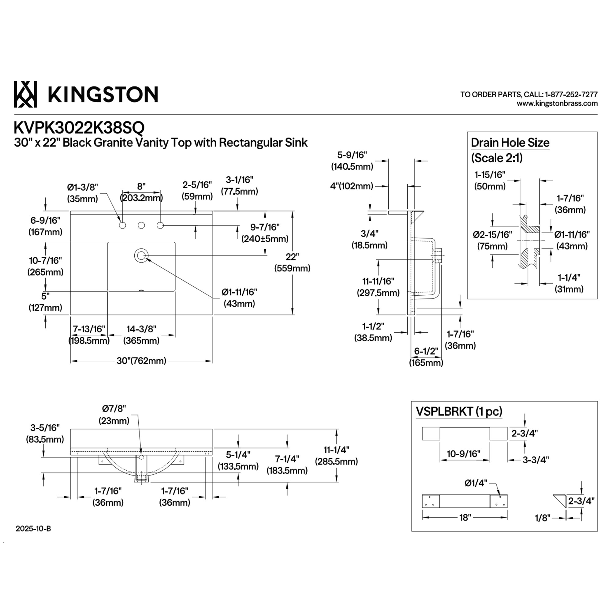 Kingston Brass KVPK3022K38SQ Templeton 30-Inch Black Granite Vanity Top (8" Faucet Drillings) in Black/White