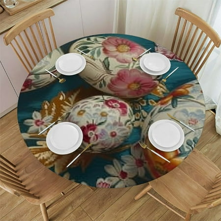 

Tllo0ord Easter Colorful Eggs Flowers Round Fitted Tablecloth with Elastic Edge Round Fitted Table Cloth Wipeable Washable Indoor Outdoor Table Cover for Party Kitchen Dinner 54-58