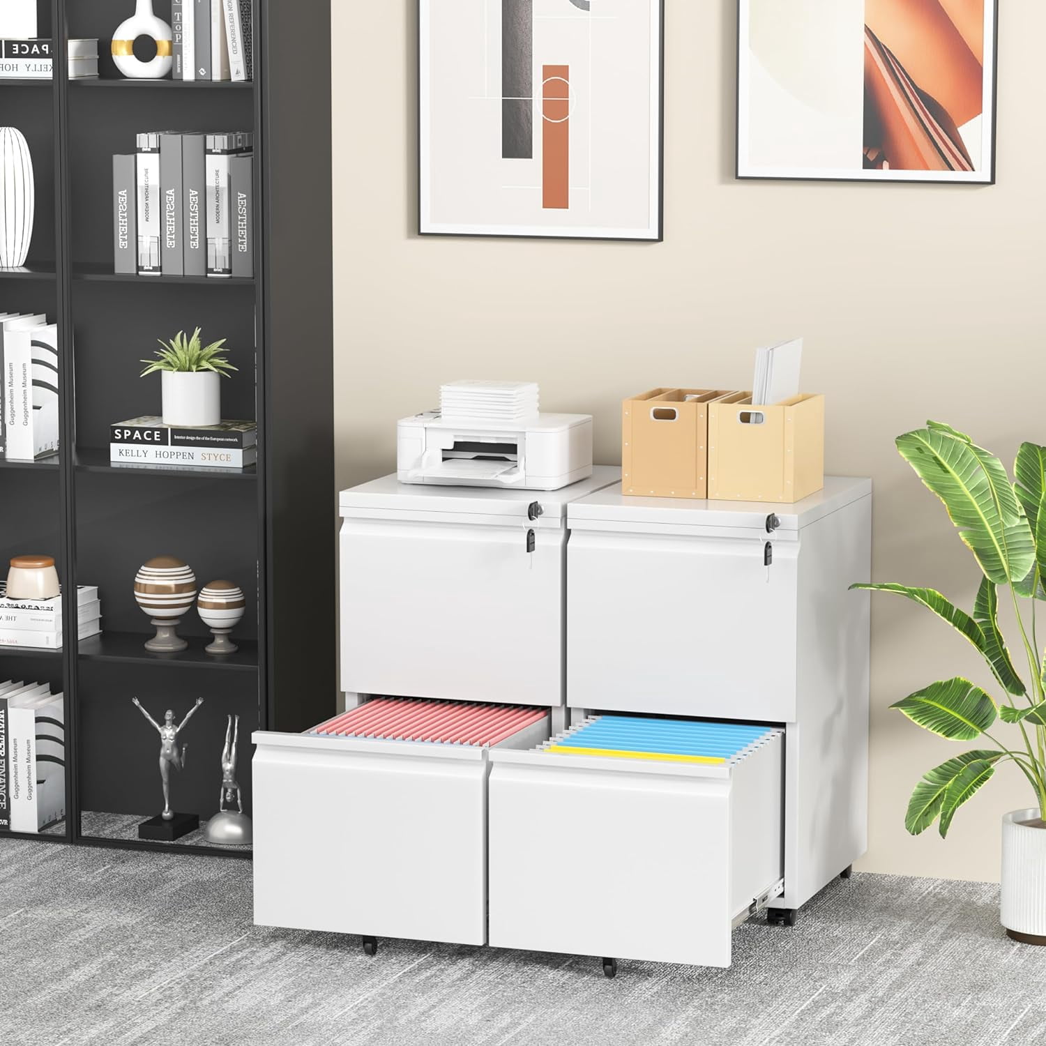 2 Drawer File Cabinet with Lock, Metal Vertical Filing Cabinet Under Desk for Legal Letter File Anti-Tilt Design Office Rolling File Cabinet(White B)