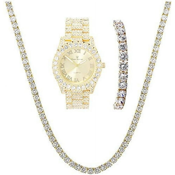 Charles Raymond Women's Big Rock Colored Dial with Roman Numerals Fully Iced Out Wristwatch and Blinged Out Sparkling Tennis Necklace & Bracelet Jewelry Set - ST10327LA 3pc Set (Gold Gold)