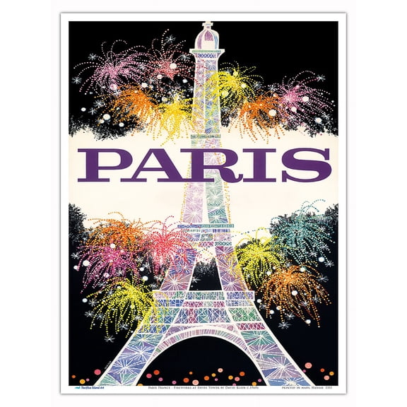 Paris France - Fireworks at Eiffel Tower - Vintage Travel Poster by David Klein c.1960s - Master Art Print (Unframed) 9in x 12in