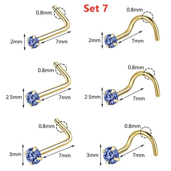 QQTDFG 6 Pcs S/L-Shape Stainless Steel Nose Studs Halloween CZ Nostirl Piercing Jewelry-Set 7