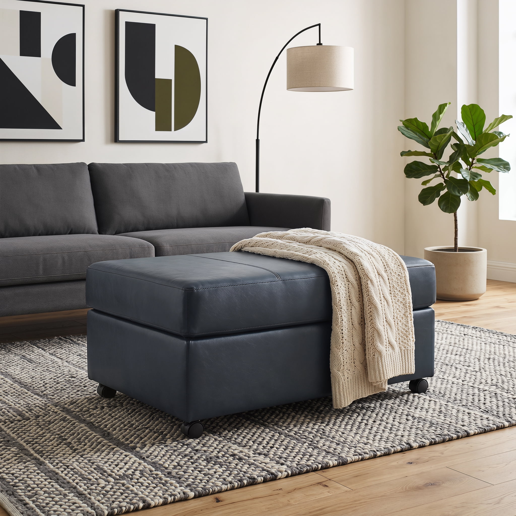 Roundhill Furniture Sakan Leather Upholstered Ottoman, Blue