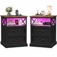 thumbnail image 6 of Hiphuta Farmhouse Set of 2 Nightstands with Charge Station, Wood End Table with 3 Drawers for Adult Bedroom, LEDS Bedside Table for Living Room, Black, 6 of 7