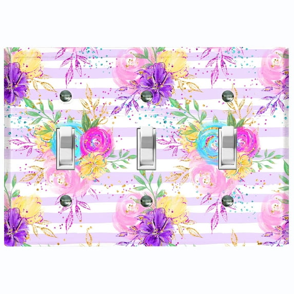Metal Light Switch Plate Cover Floral Pastel Teal Striped Pattern FLW010