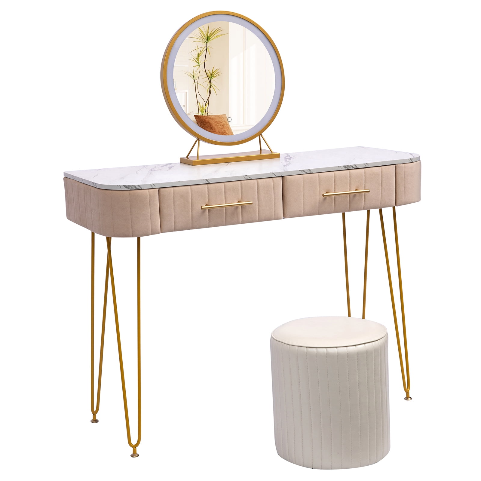 Resenkos Makeup Vanity Desk with Round Mirror and LED Lights for Bedroom, 40" Dressing Table Dresser Stool Resenkos Makeup Vanity Desk with Round Mirror and LED Lights for Bedroom, 40" Dressing Table Dresser Stool