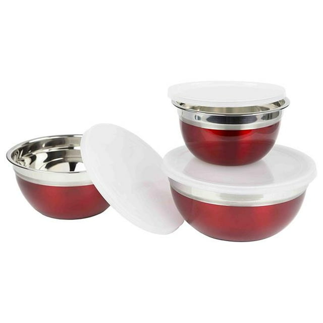 Home Basics BS44773 Ensemble de Bol Mélangeur avec Couvercles&44; Rouge - 3 Pièces
