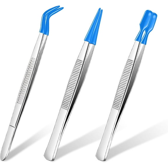 Lsupdaol 3 Pieces Tweezers with Rubber Tips PVC Coated Set Rubber Straight Flat Tip Long Bent Tweezers for Crafts Stamps Beads Jewelry Tools(Blue)