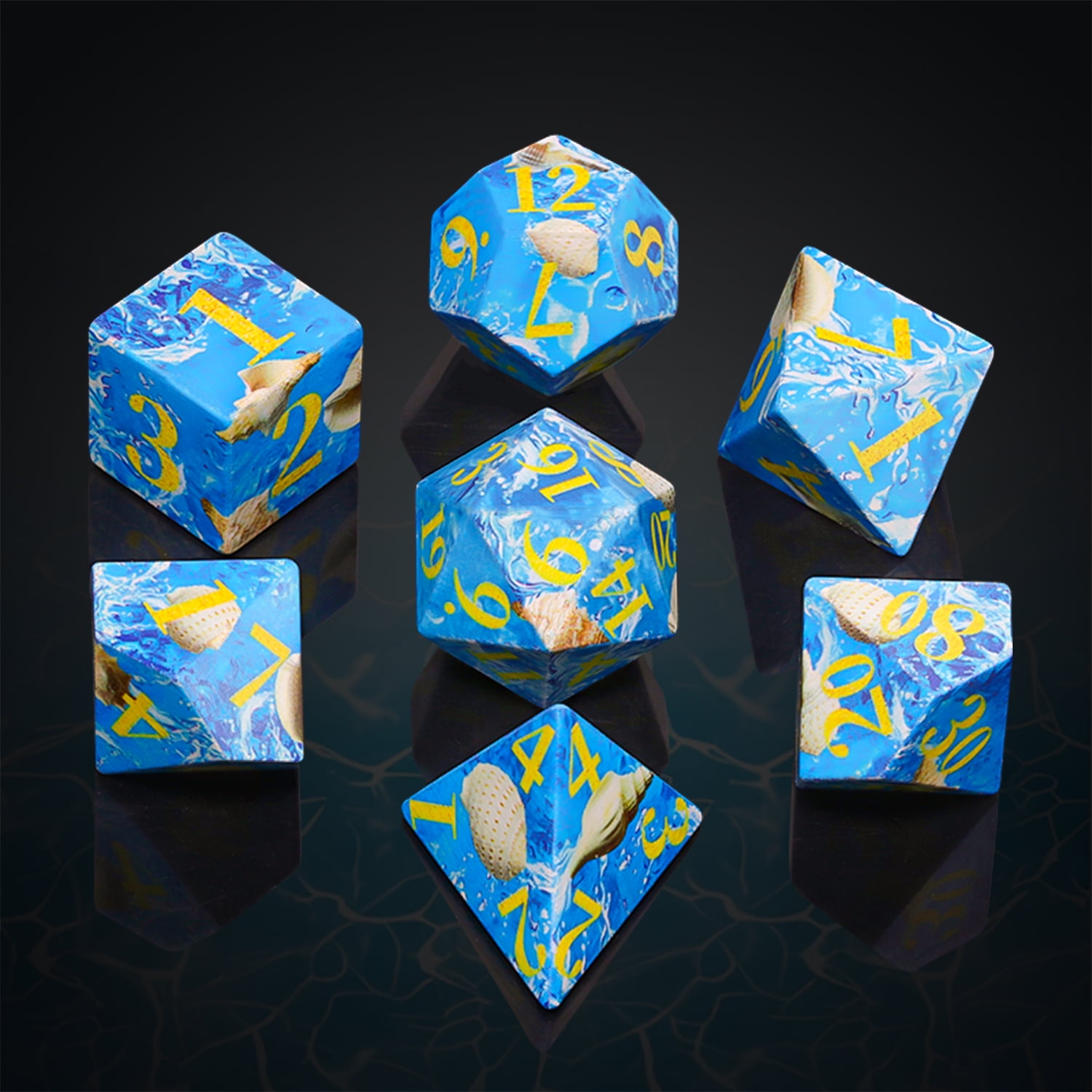 SWAJUJA DND Polyhedral Dice Set, 7 Pieces, Ocean Blue with Gold Numbers, White Conch Design