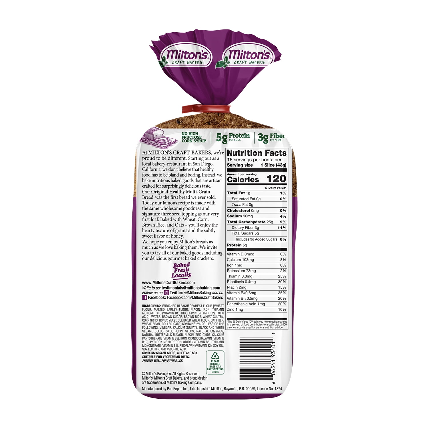 Miltons Multi-Grain Sandwich Bread, 24 oz Loaf, Shelf Stable