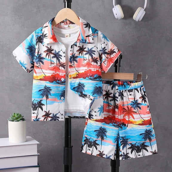 Summer Outfits for Toddler Boys Casual Beach Short Sleeve Shirt Shorts Two Piece Set Size 3-4T ,Blue