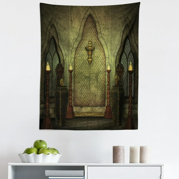 Gothic Tapestry, Fantasy Scene with Old Fashioned Wooden Torch and Skull Candlesticks in Dark Spooky Room, Fabric Wall Hanging Decor for Bedroom Living Room Dorm, 5 Sizes, Brown, by Ambesonne