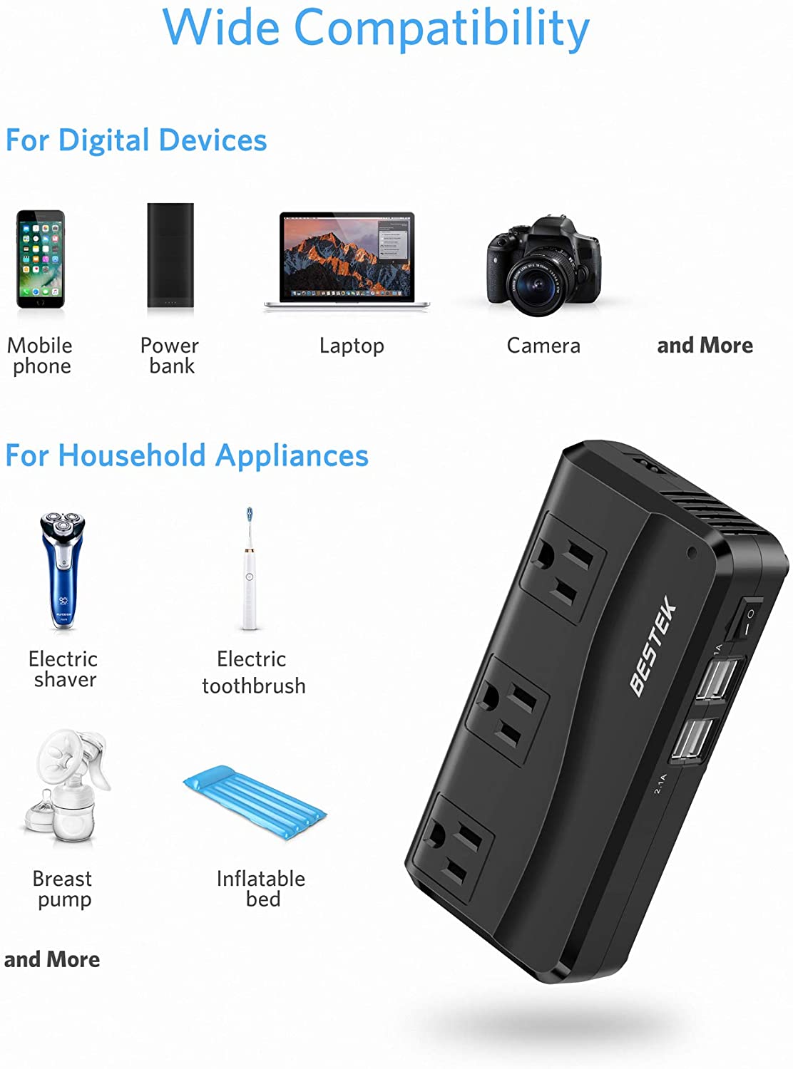 BESTEK 200W Power Inverter, DC 12V to 110V AC Car Converter Adapter with 4.2A Dual USB Charger with ETL Listed, Black
