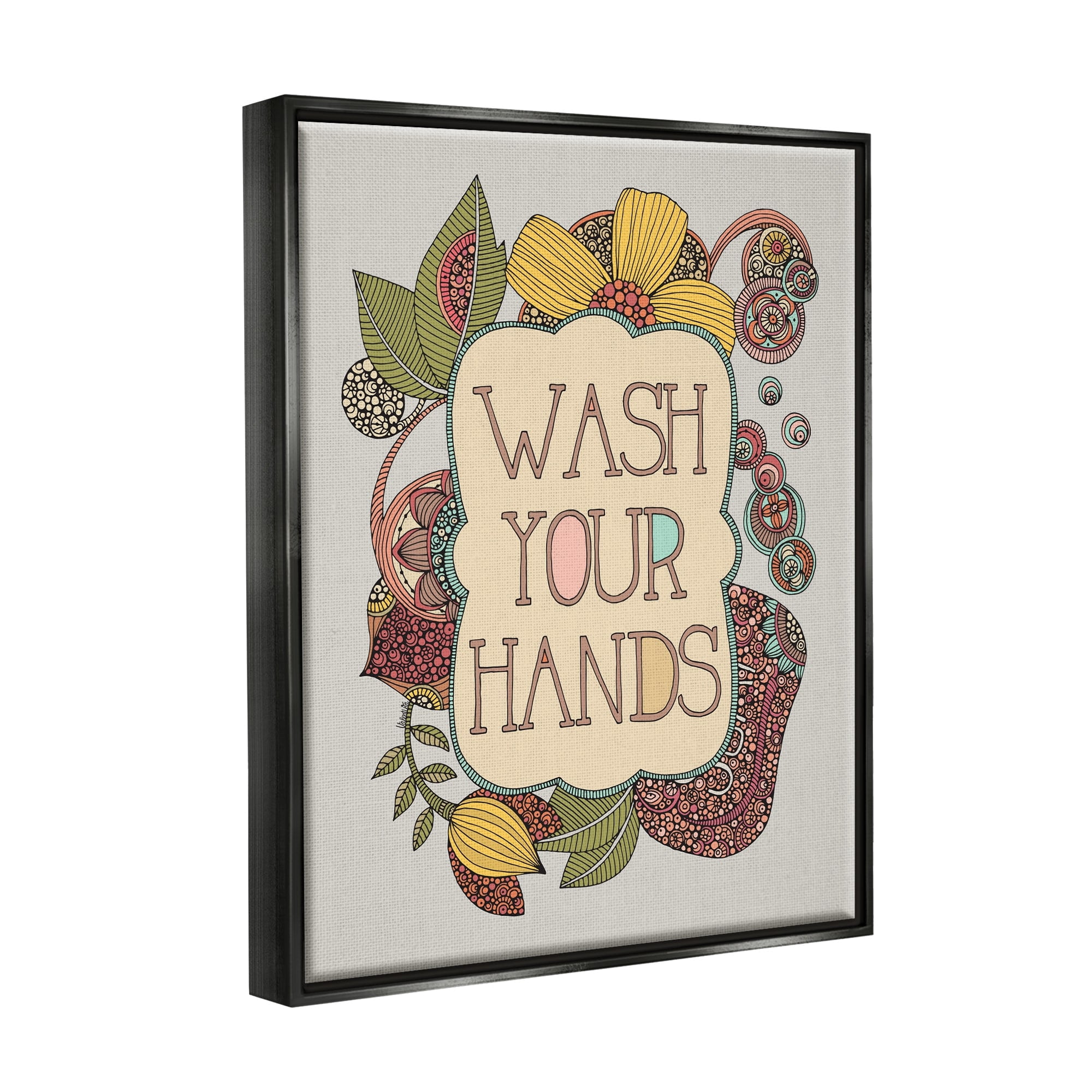 Stupell Industries Wash Your Hands Bathroom Sign Intricate Floral Details Graphic Art Jet Black Floating Framed Canvas Print Wall Art, Design by Valentina Harper