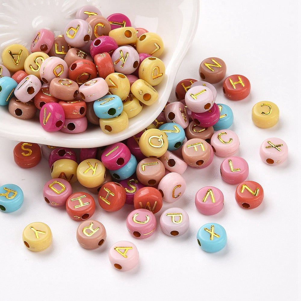 500gs Opaque Mixed color Acrylic Beads Metal Enlaced Flat Round with Random Letters Golden 7x4mm Hole: 1.8mm about 3700pcs/500g