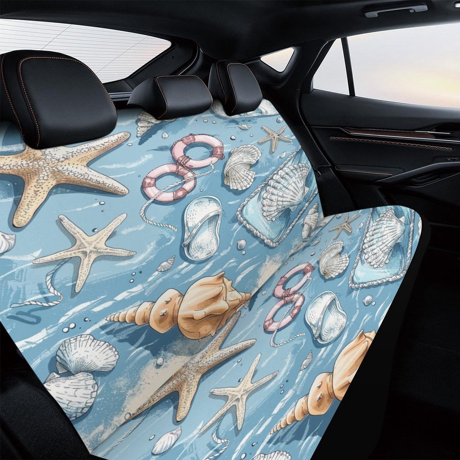 Beach Seashell Starfish Rear Seat Covers, Car Backseat Protector, Universal Back Seat Vehicle Interior Protector, Fits Most Cars, SUVs, Sedans, Trucks