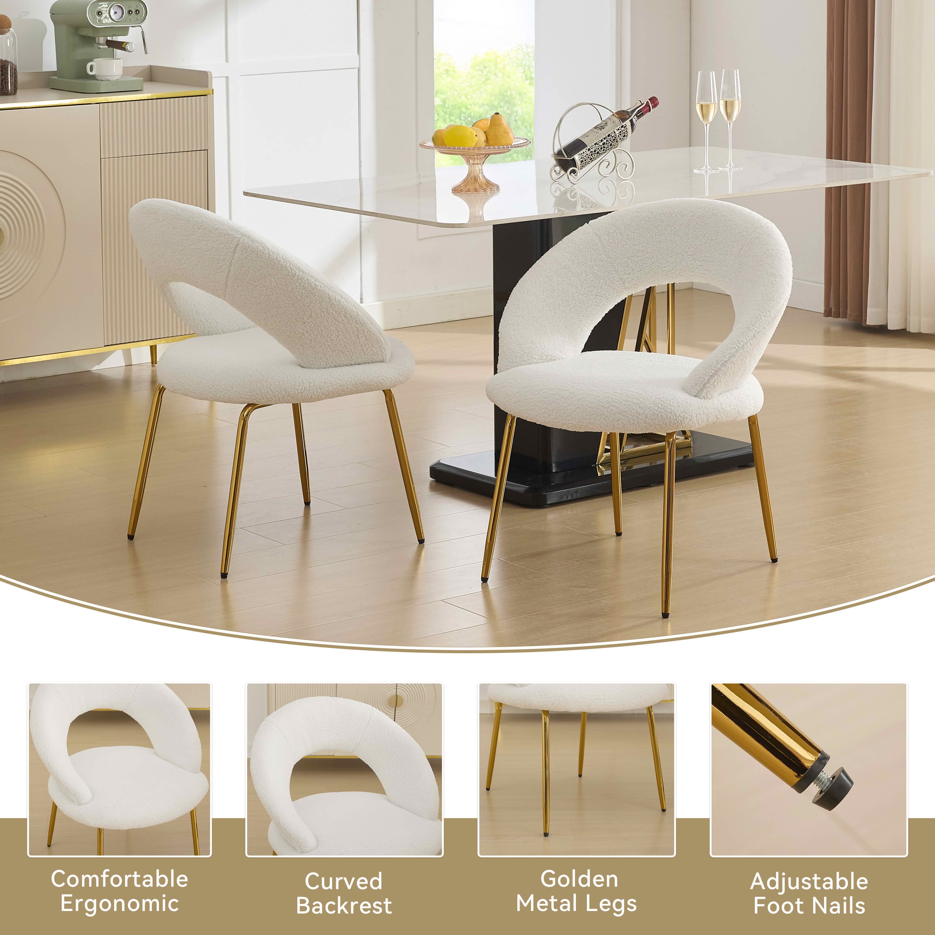 MAYEERTY Set of 1 Teddy Fabric Dining Chair, Curved Backrest & Golden Metal Legs, for Kitchen & Dining Room, White