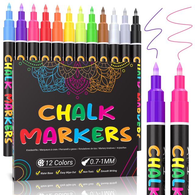 KERIFI Liquid Chalk Markers for Blackboards - 12 Bold Color Fine Tip wet Erase Marker Pens for Chalkboard, Bistro Board, Chalkboards Signs, Windows, Glass - 45 Chalkboard Labels Included