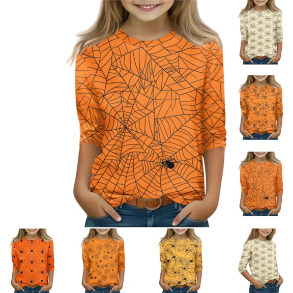 YOUYEDIAN Halloween 3/4 Sleeve Shirt for Kids Toddler Girls Casual Fun Graphic Crew Neck Top