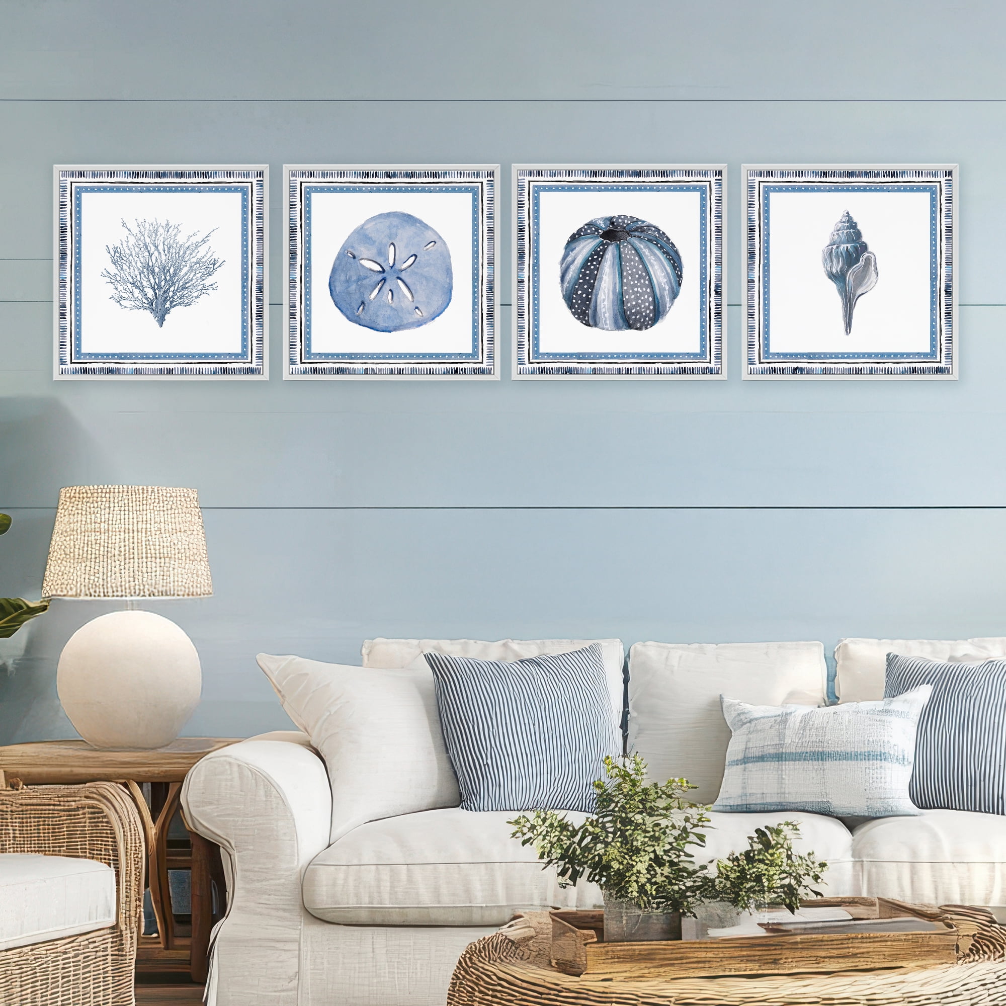 Stupell Industries Coastal Teal Bordered Coral 4 Piece White Framed Giclee Art Set, design by Lanie Loreth