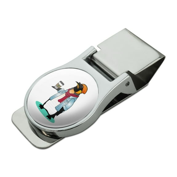 Cool Penguin Hipster with Coffee Satin Chrome Plated Metal Money Clip