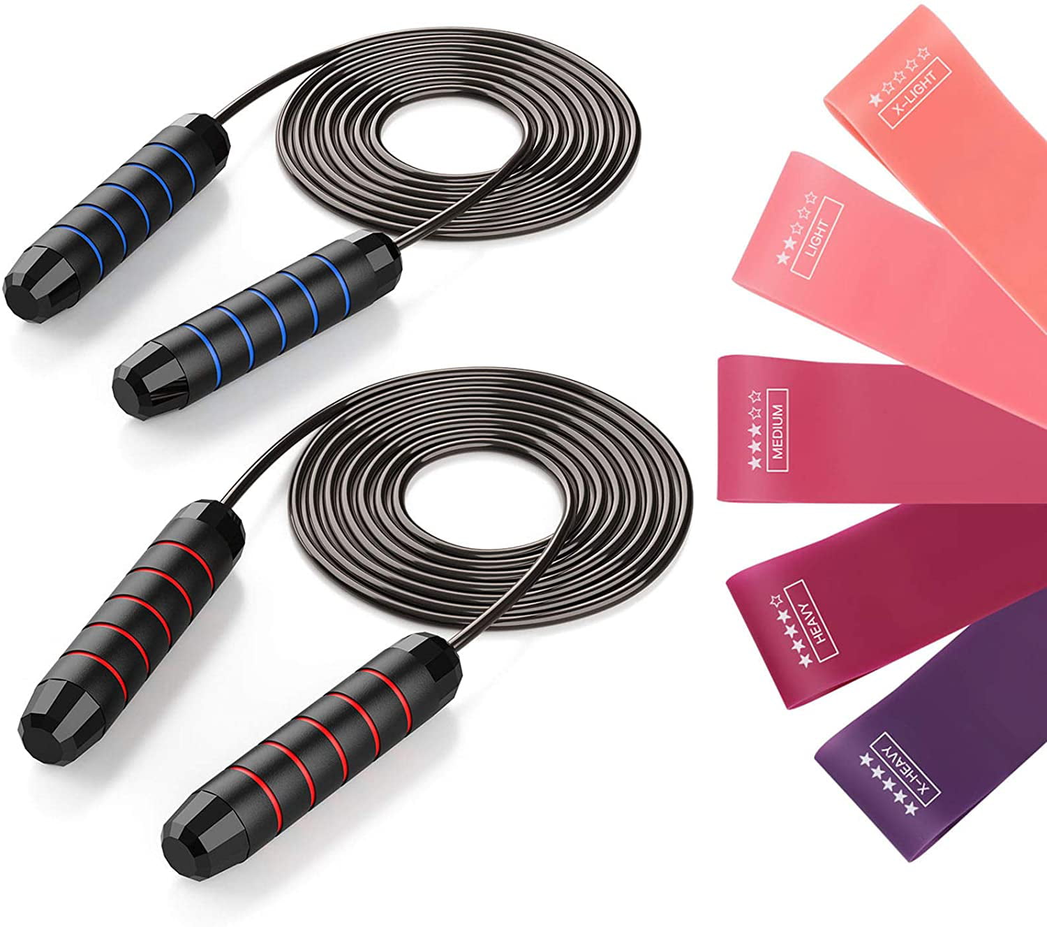 Jumping Rope and Resistance Exercise Bands,Tangle-Free with Ball Bearings Rapid Speed Jump Rope Set and Workout Jump Cable a Set of 5 Latex Workout Bands in Different Strength