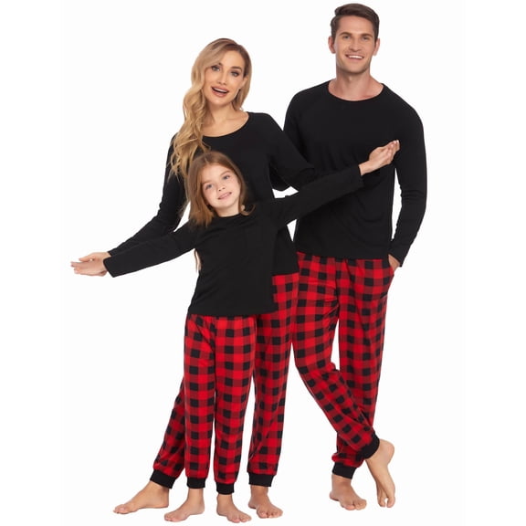 EKOUAER Kids Christmas Sleepwear Black Red Plaid Pajamas Family Matching Set Winter Loungewear Set