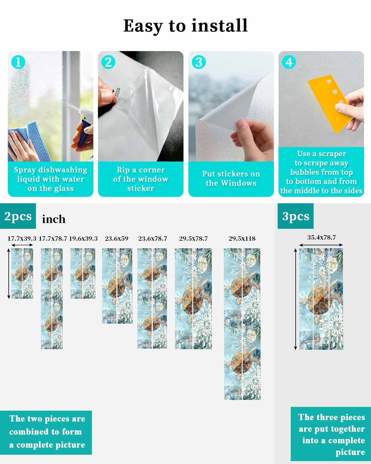 Window Privacy Film Sea Turtle Coastal Stained Glass Window Film Decorative Sun Block Window Cover Teal Nautical Starfish Botanical Window Clings Static Adhesive Sticker for Bathroom 23.6"x59"