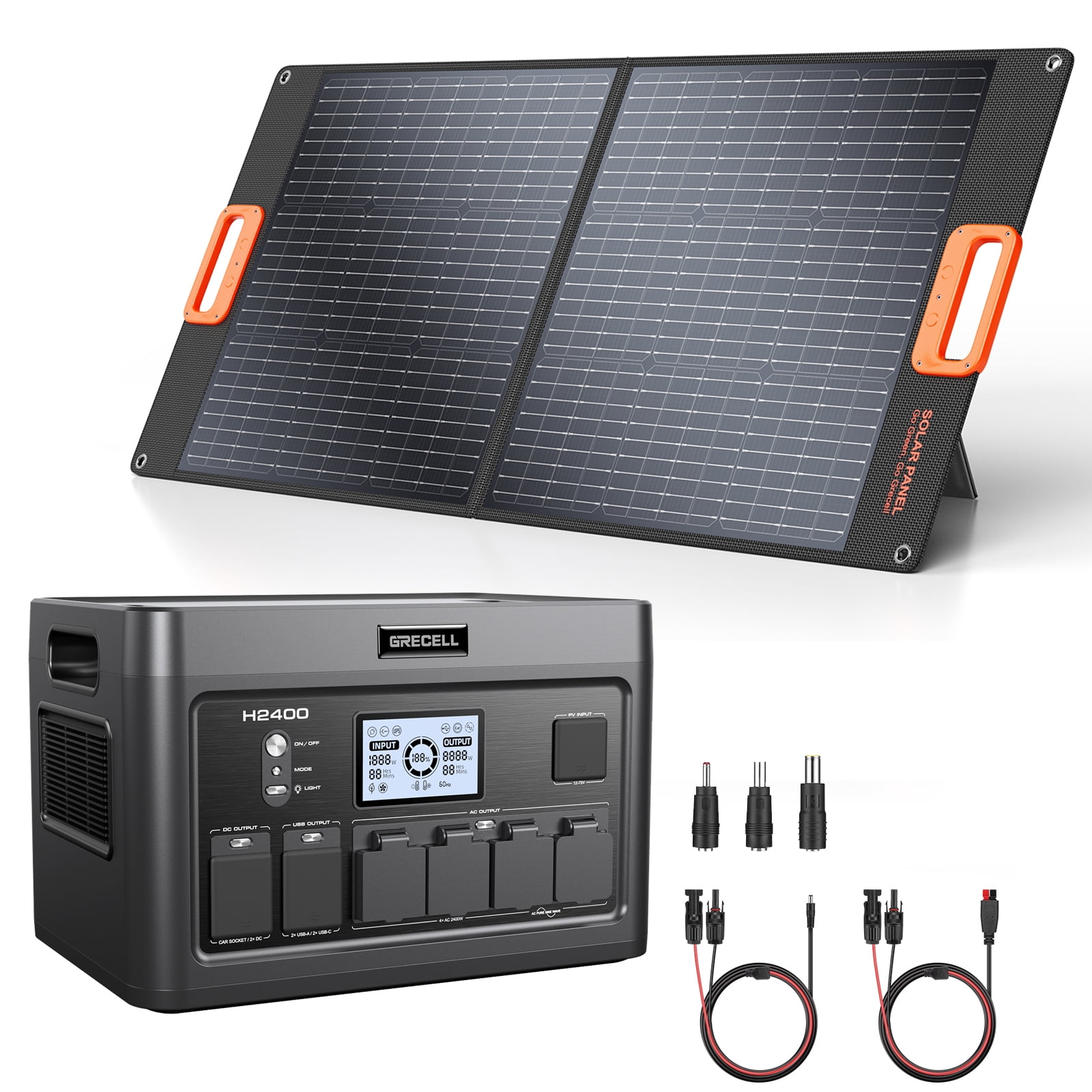 GRECELL Portable Power Station 2400W Solar Generator with 100W Solar Panel, 1843Wh UPS Backup LiFePO4 Battery Power Supply with 11 Outlets(4 2400W AC Outlets,2 PD100W) for Home CPAP Camping RV