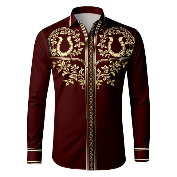 IWRICH Men's Western Cowboy Shirts Long Sleeve Printed Shirt Slim Fit Casual Button down Shirts 04-Wine XL