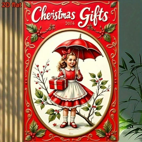 HELLOYOUNG 2D Flat, Vintage Christmas Girl Metal Sign - Retro Red Dress, Holly Berries & Presents - Holiday Decoration - Perfect for Home, Cafe, or Christmas Party Decor