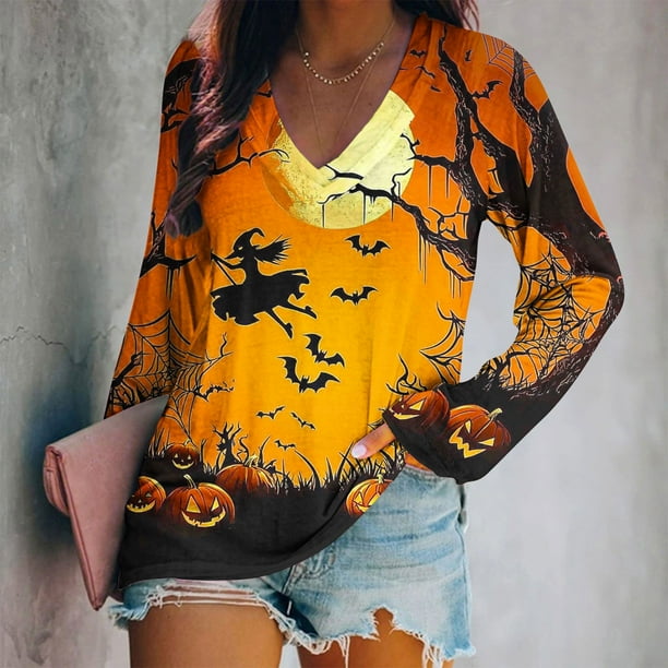 Ailaofu Ladies Long Sleeve Halloween and Christmas Decorative Basic V-Neck Casual Shirt Fashion Tops