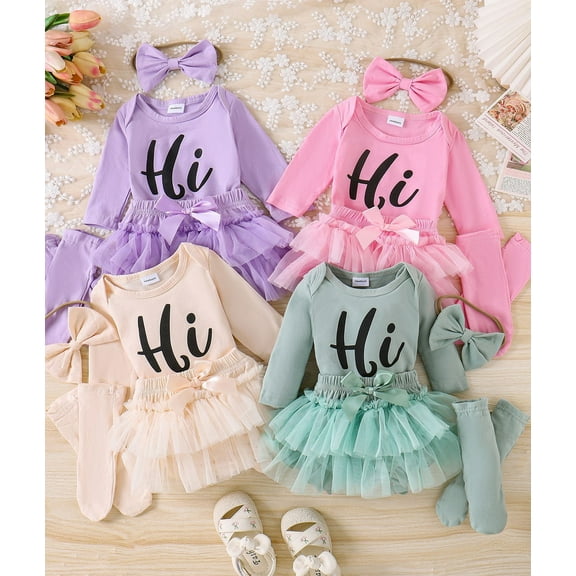 HWJAD Hello I'm New Here Newborn Girls Clothes Baby Girl Outfits Infant Girls Long Sleeve Romper Skirt Leg Warmer Headband Set