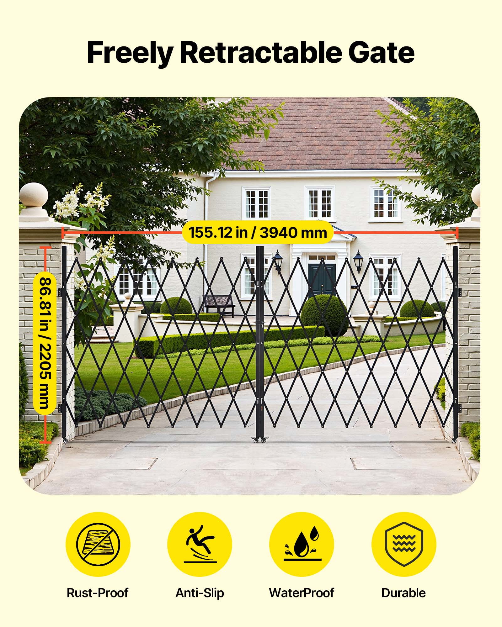 VEVOR Double Folding Security Gate, Lockable Scissor Gate with 360° Swivel Casters, Outdoor Barricade Steel Retractable Gates, for Entry Security, Garage, Warehouse & Pool, 155.12 x 86.81 in (W x H)