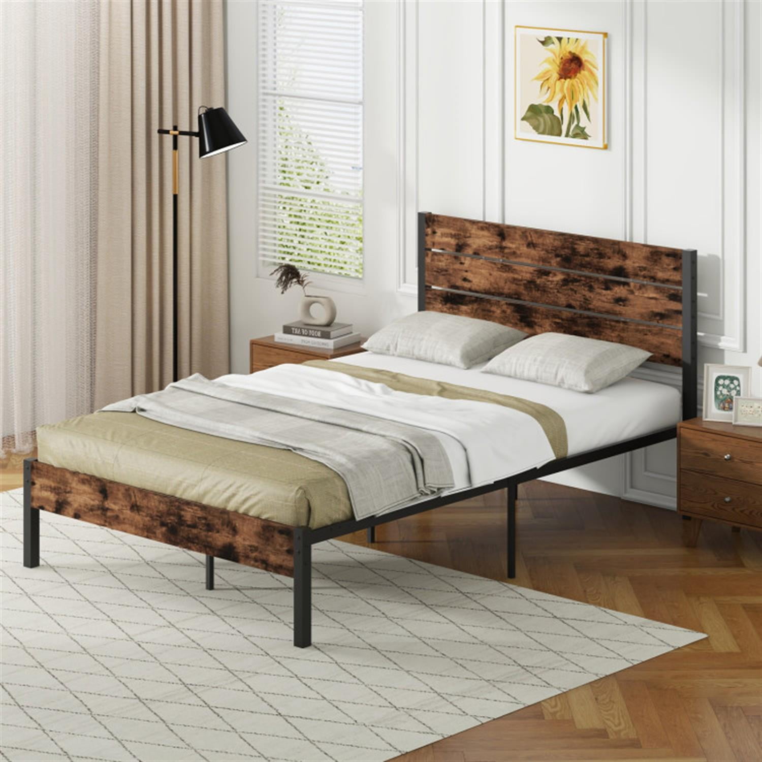 Demi Bonn Full Size Bed Frame with High Headboard and Mute Bar, Industrial Metal Platform Bed Frame with Under Bed Storage, No Box Spring Needed, Brown