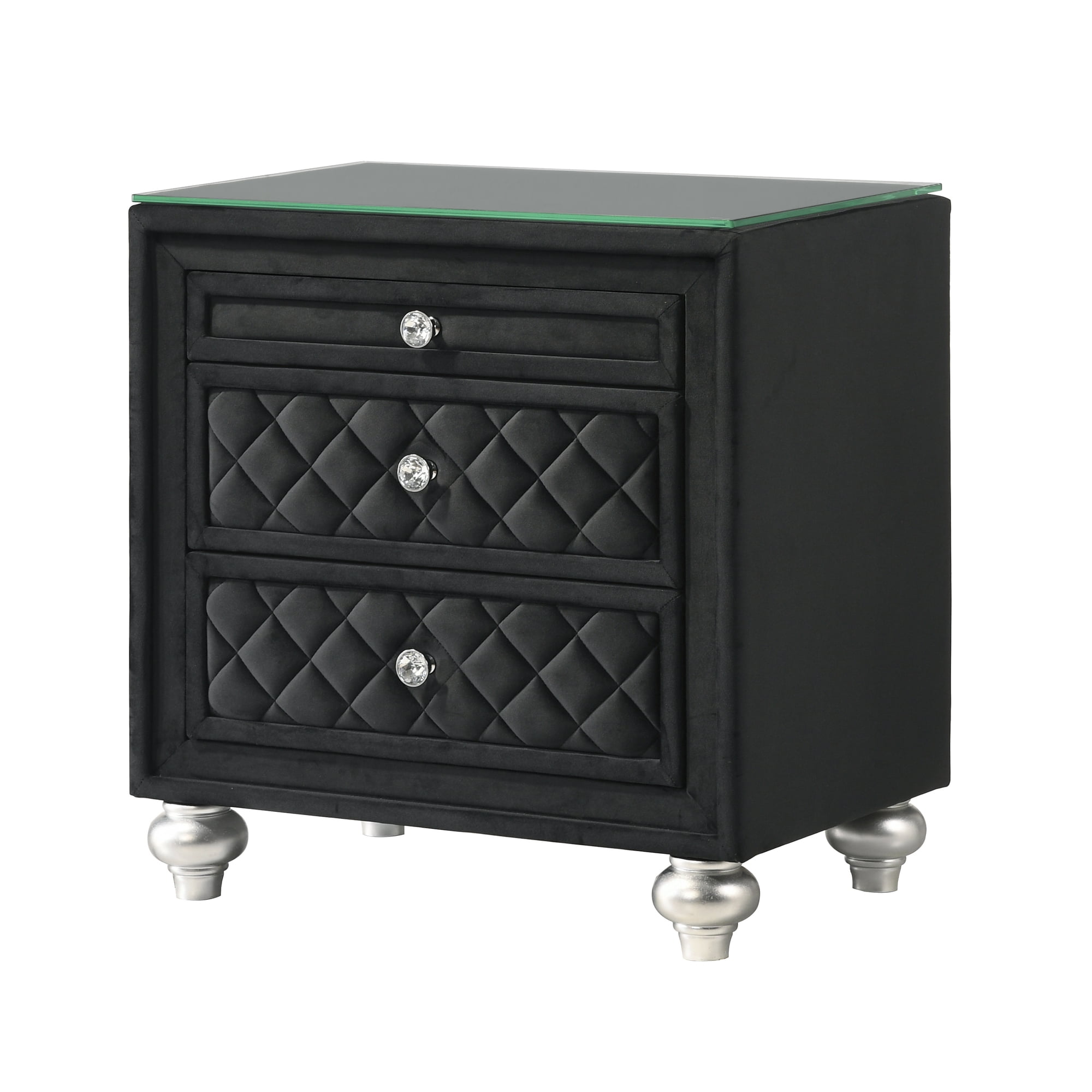 Mobilya Nightstand with 3 Drawers & Jewelry Tray, Modern Black Wood Bedside Cabinet, 26" Height, Glam Style