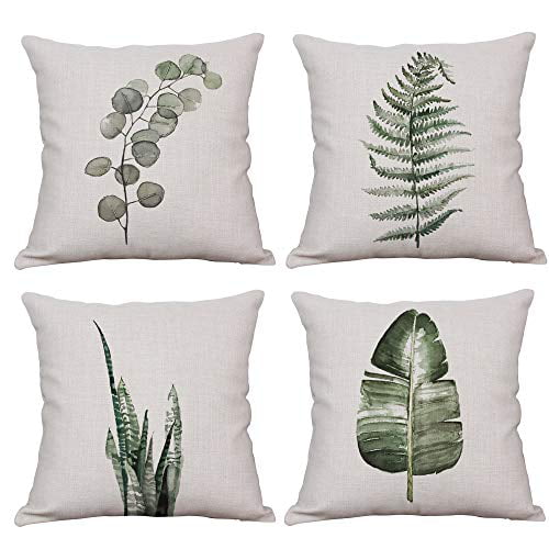 YeeJu Set of 4 Floral Plant Decorative Throw Pillow Covers Square Cotton Linen Cushion Covers Outdoor Couch Sofa Home Pillow Cases 16x16 Inch