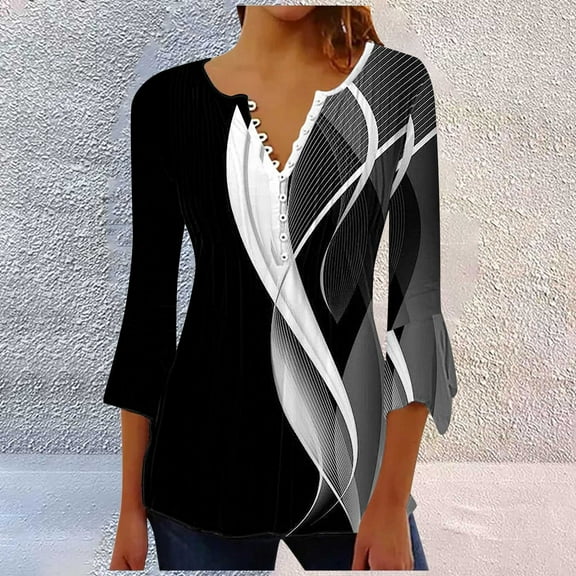 Black Tshirts for Women Summer Tops for Women 2025 Trendy Boho Floral Print Tunic Shirts 7 Sleeve V Neck Tshirt Casual Loose Blouse Going Out Tops for Women