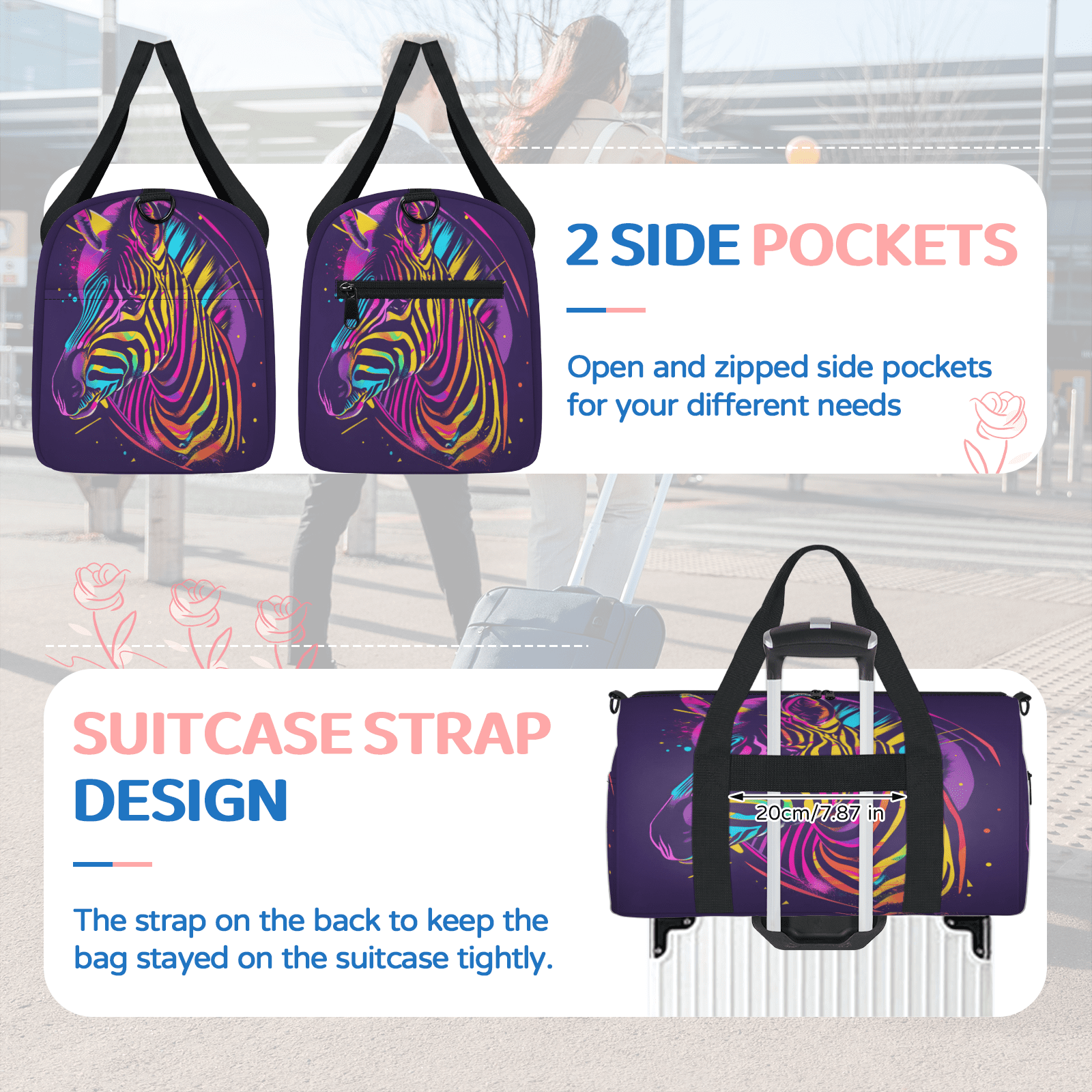 Herdesigns Zebra Travel Duffle Bag Sports Yoga Weekender Overnight Carry on Workout Bags Lightweight Waterproof Gym Tote Bag for Women