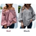 thumbnail image 4 of Entrar Blusa con cuello en V para mujer, estampado de puntos, manga de linterna, hombros descubiertos, camisetas sueltas, Casual, primavera, otoño, pulóver, Tops 1 1, 4 of 5