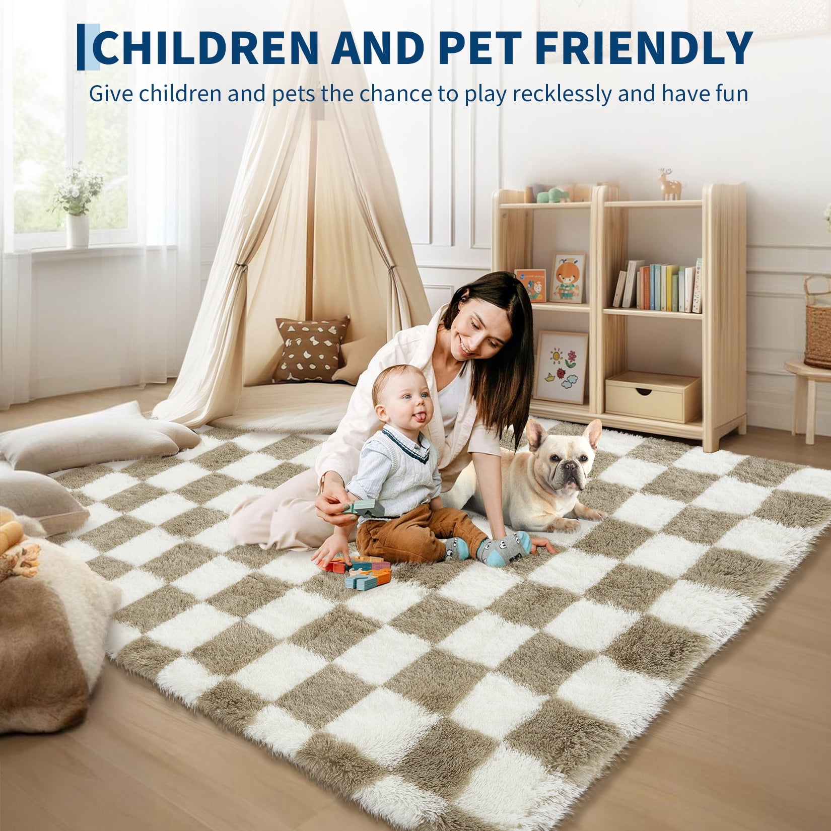 COZONY 2x6 Checkered Thick Runner Rug, Non-Slip Ultra Soft Shag Accent Carpet for Hallway, Childrens Room, Brown