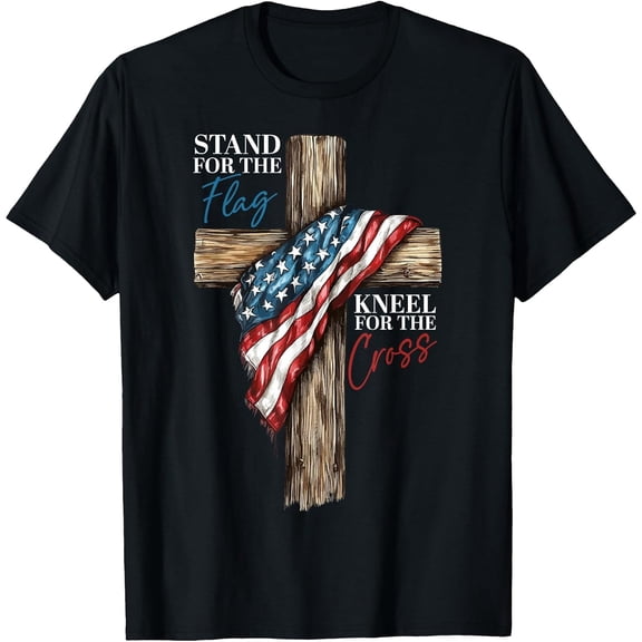 Men's Tee Stand for The Flag Kneel for The Cross Patriotic Faith T-Shirt, Comfortable Breathable Soft Tee, Men's 100% Cotton Graphic T-Shirt 180gsm
