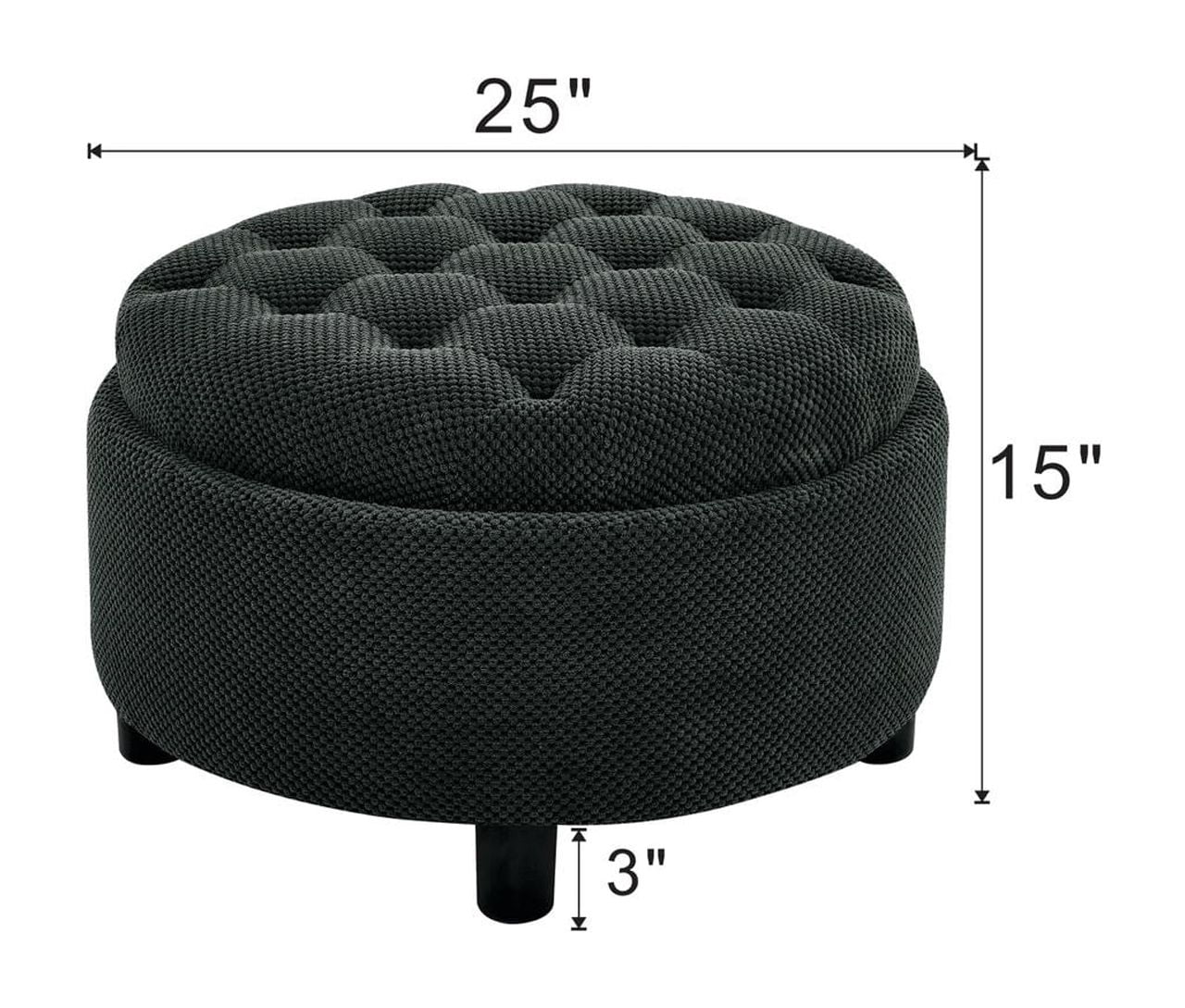 25 Inch Round Storage Ottoman with Removable Wooden Tray, Tufted Fabric Coffee Table with Hidden Storage, Upholstered Footstool for Living Room, Bedroom, Black