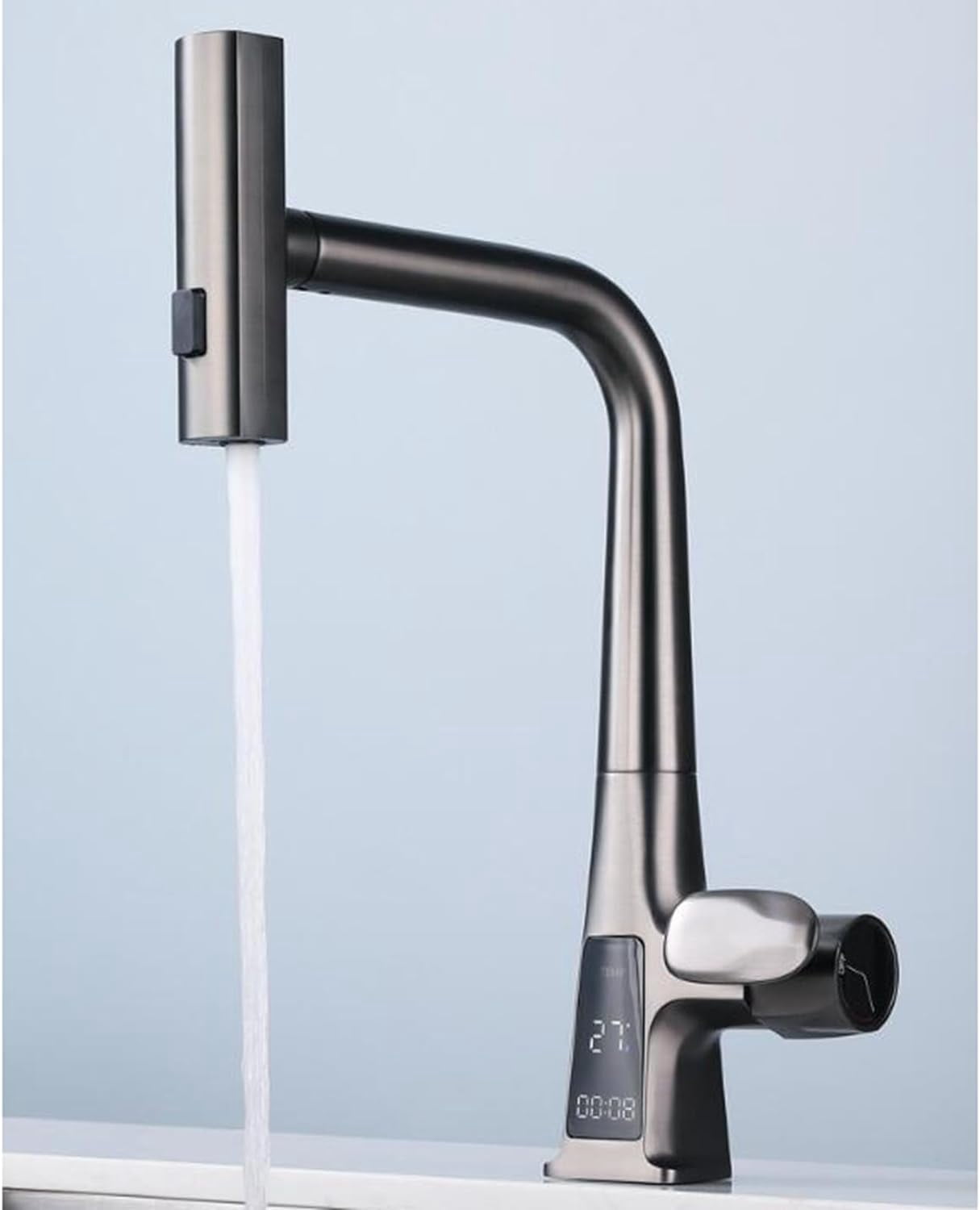 Gray Stainless Steel Pull Out Spray Swivel Brass Technology Kitchen Faucet with LED display