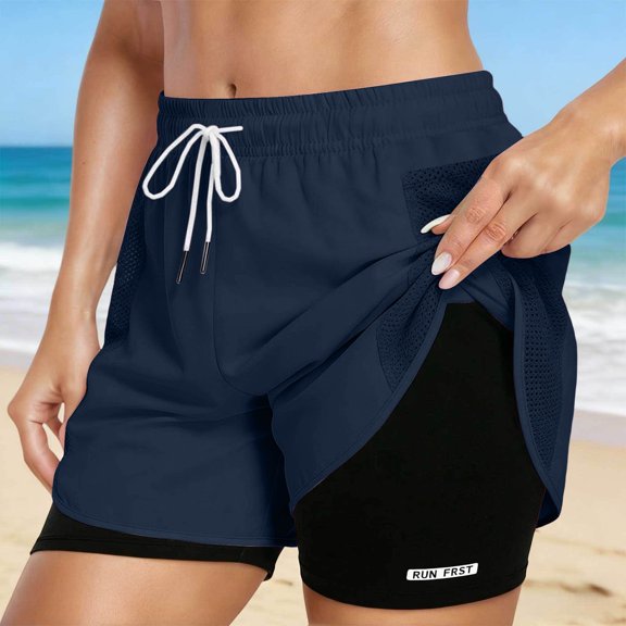 Breathable Running Workout Shorts for Women Casual Layer Athletic Swimwear Bottoms with PocketsNavyXXL