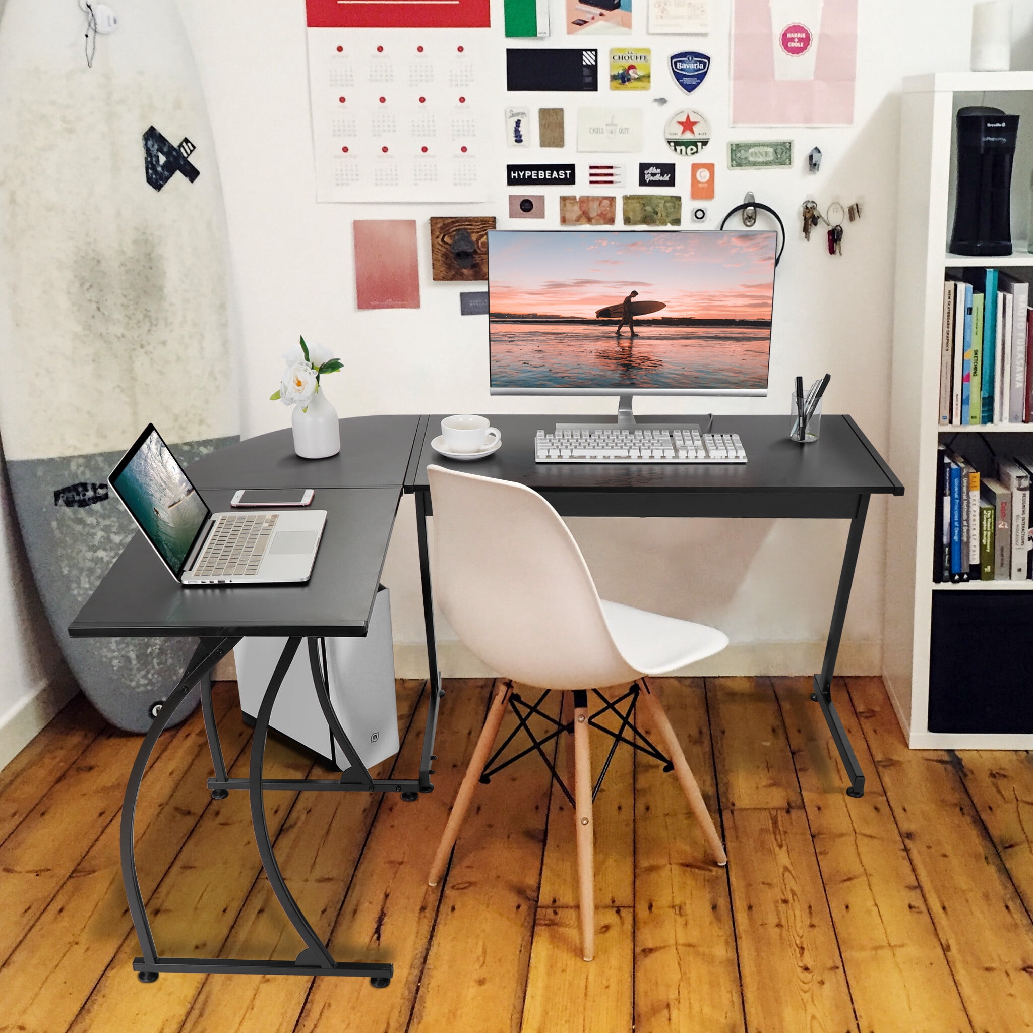 SuperDeal 58" L-Shaped Computer Desk Two-Way Setup Corner Table Black Powder Coating