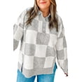 thumbnail image 2 of Plus Size Gray Checkered Pattern Button Polo Collar Split Sweater for Women | [ZhiHiMeRi] | 1X, 2 of 5